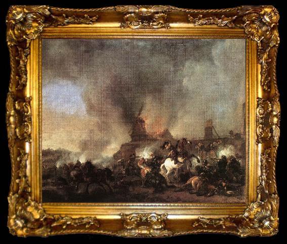 framed  WOUWERMAN, Philips Cavalry Battle in front of a Burning Mill tfur, ta009-2